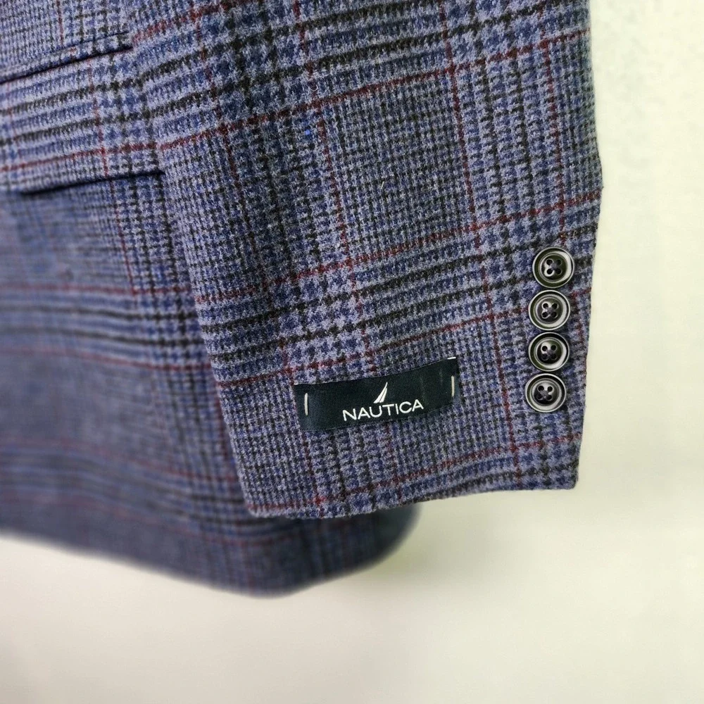 Nautica Mens Blue Glen Plaid Modern Fit Sport‎ Coat Blazer 44R Two Button Logo